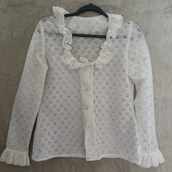 Women's VTG 70s Victorian Style Coquette White Ruffled Sheer Lace Blouse Large - Picture 2 of 11